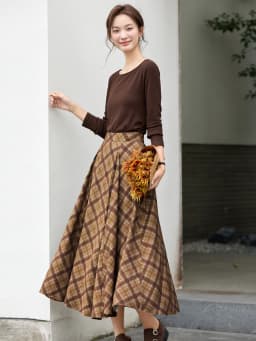 VIMLY Long Skirt Women Casual Plaid Folds A-Line Female Skirts Autumn 2026 Vintage High Waist Zip Up Maxi Ladies Skirts A3790