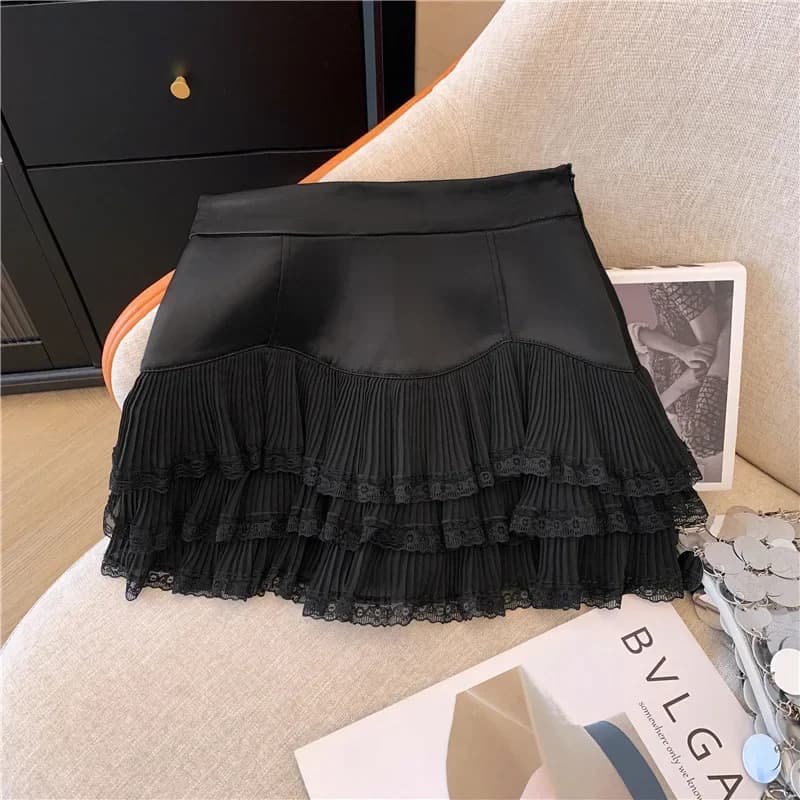 Sweet Lace Ruffle Mini Skirt Women Summer High Waist Patchwork Pleated Skirts Y2K Female Korean Fashion Preppy A Line Skirts