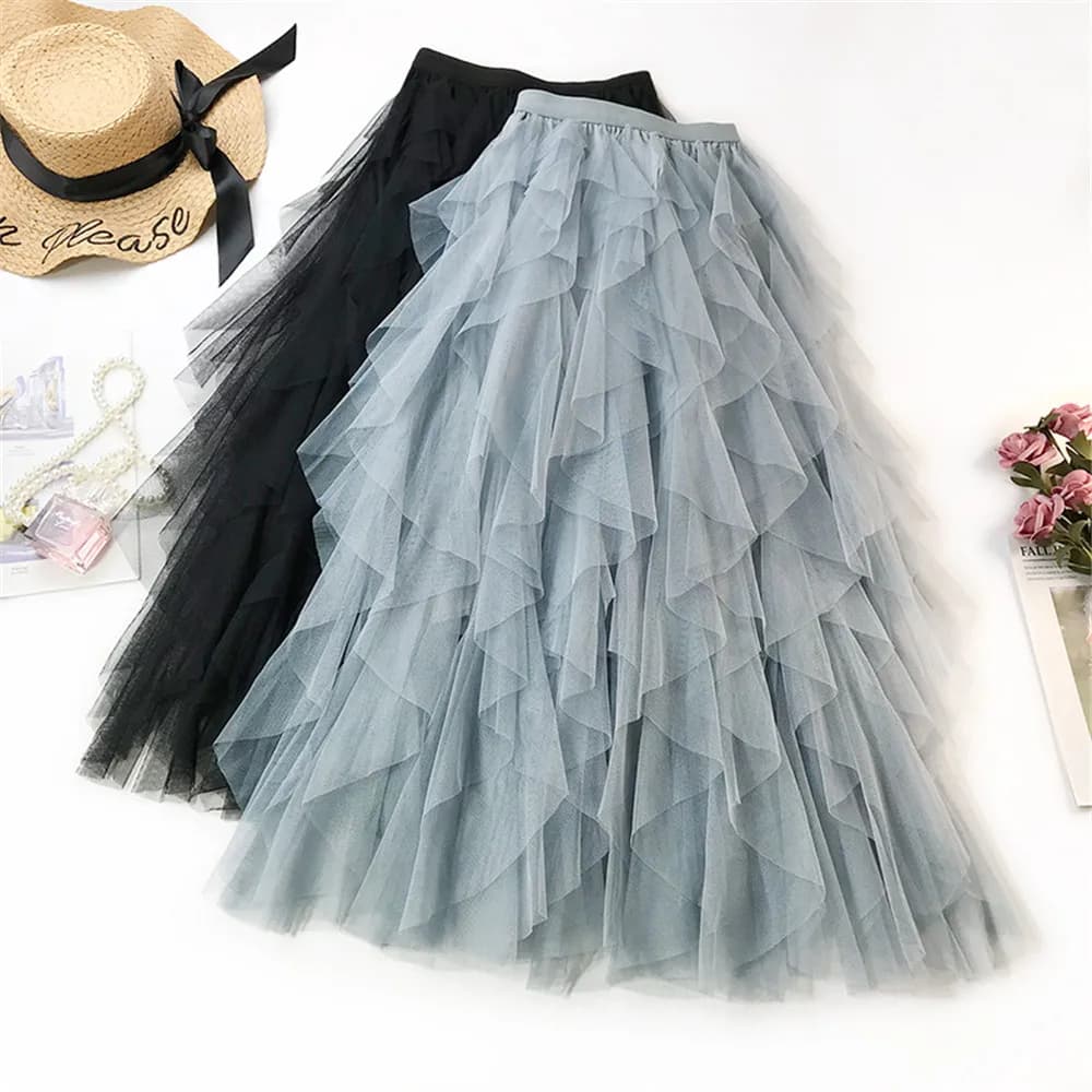 Fashion Tutu Tulle Skirt Women Long Maxi Skirt 2022 Spring Summer Korean Black Pink High Waist Pleated Skirt Female