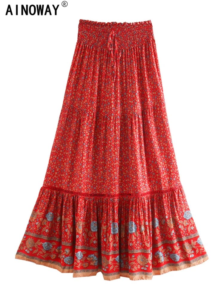 Vintage Chic Fashion Women Red Floral Print Beach Bohemian Pleated Skirt Rayon Cotton High-waisted Boho Maxi Skirts Femme