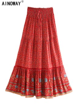 Vintage Chic Fashion Women Red Floral Print Beach Bohemian Pleated Skirt Rayon Cotton High-waisted Boho Maxi Skirts Femme