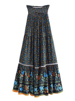 Vintage Chic Fashion Women Red Floral Print Beach Bohemian Pleated Skirt Rayon Cotton High-waisted Boho Maxi Skirts Femme