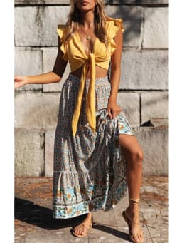 Vintage Chic Fashion Women Red Floral Print Beach Bohemian Pleated Skirt Rayon Cotton High-waisted Boho Maxi Skirts Femme