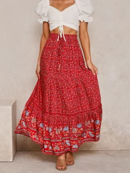 Vintage Chic Fashion Women Red Floral Print Beach Bohemian Pleated Skirt Rayon Cotton High-waisted Boho Maxi Skirts Femme