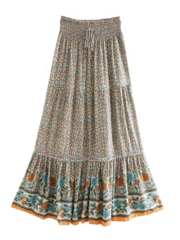 Vintage Chic Fashion Women Red Floral Print Beach Bohemian Pleated Skirt Rayon Cotton High-waisted Boho Maxi Skirts Femme