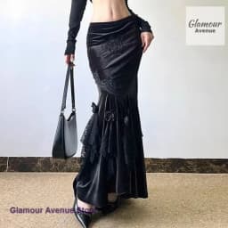 French velvet stitching skirt retro Joker skirt female new spring and autumn new fashion black lace Gothic fishtail dress.