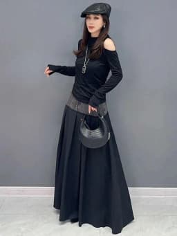 SHENGPALAE Denim Patchwork Pleated Skirt For Women Autumn Fashion Versatile Chic A-line Floor Length Skirts 2026 New Tide 5R7680