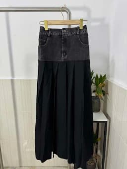 SHENGPALAE Denim Patchwork Pleated Skirt For Women Autumn Fashion Versatile Chic A-line Floor Length Skirts 2026 New Tide 5R7680