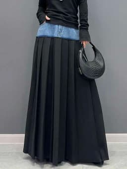 SHENGPALAE Denim Patchwork Pleated Skirt For Women Autumn Fashion Versatile Chic A-line Floor Length Skirts 2026 New Tide 5R7680