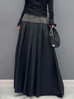 SHENGPALAE Denim Patchwork Pleated Skirt For Women Autumn Fashion Versatile Chic A-line Floor Length Skirts 2026 New Tide 5R7680