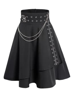 Dressfo Womens Asymmetic Hem Plaid Skirt Buckle Strap Detail Casual Midi A Line Dress Black Skirts 2024 New