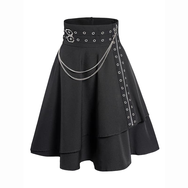 Dressfo Womens Asymmetic Hem Plaid Skirt Buckle Strap Detail Casual Midi A Line Dress Black Skirts 2024 New