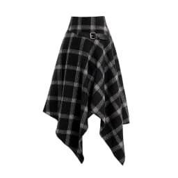 Dressfo Womens Asymmetic Hem Plaid Skirt Buckle Strap Detail Casual Midi A Line Dress Black Skirts 2024 New