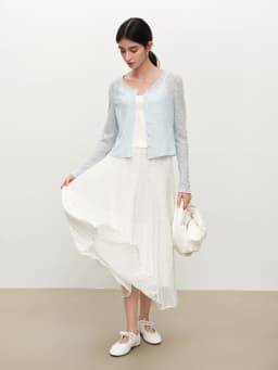 ZIQIAO 2026 Summer Women's Pleated Textured White Layered Midi Skirt, A-Line Flowy Maxi Skirt for Cloudy Fluffy Aesthetic Style