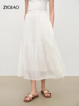 ZIQIAO 2026 Summer Women's Pleated Textured White Layered Midi Skirt, A-Line Flowy Maxi Skirt for Cloudy Fluffy Aesthetic Style