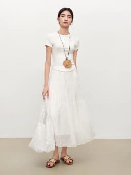 ZIQIAO 2026 Summer Women's Pleated Textured White Layered Midi Skirt, A-Line Flowy Maxi Skirt for Cloudy Fluffy Aesthetic Style