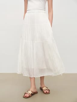 ZIQIAO 2026 Summer Women's Pleated Textured White Layered Midi Skirt, A-Line Flowy Maxi Skirt for Cloudy Fluffy Aesthetic Style