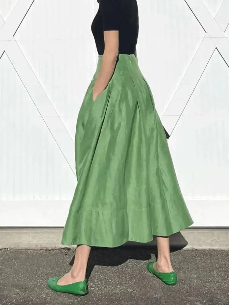 Faldas Mujer Moda Retro Temperament Green High Waist Slim Big Umbrella Skirts Pocket Women Pleated Long Casual