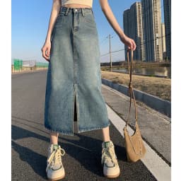 Summer Women High-waist Retro A-Line Skirt Pockets Front Slit Washed Blue Denim Skirts Hip-covering Straight Long Jeans Skirt