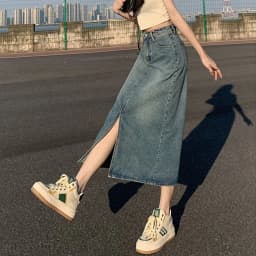 Summer Women High-waist Retro A-Line Skirt Pockets Front Slit Washed Blue Denim Skirts Hip-covering Straight Long Jeans Skirt