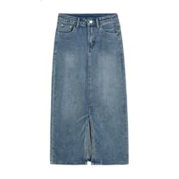 Summer Women High-waist Retro A-Line Skirt Pockets Front Slit Washed Blue Denim Skirts Hip-covering Straight Long Jeans Skirt
