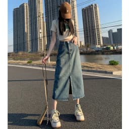 Summer Women High-waist Retro A-Line Skirt Pockets Front Slit Washed Blue Denim Skirts Hip-covering Straight Long Jeans Skirt