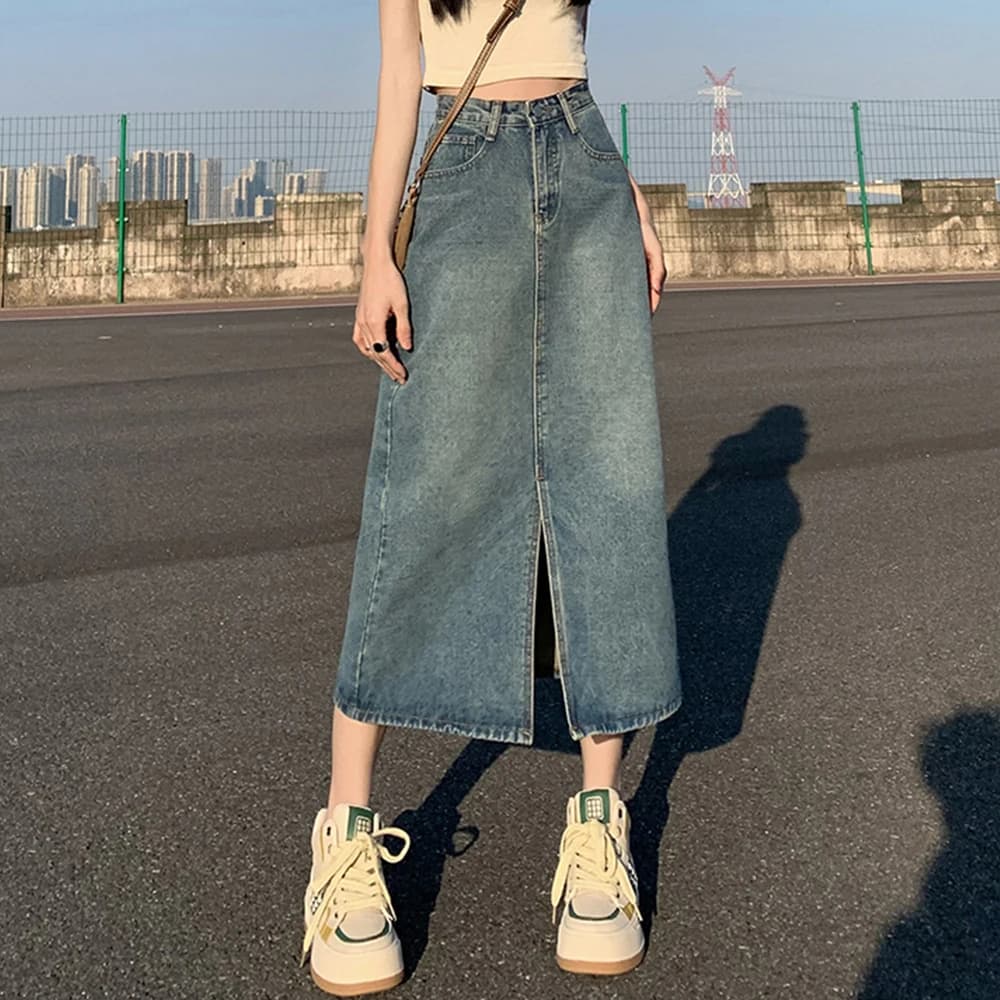 Summer Women High-waist Retro A-Line Skirt Pockets Front Slit Washed Blue Denim Skirts Hip-covering Straight Long Jeans Skirt