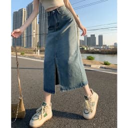 Summer Women High-waist Retro A-Line Skirt Pockets Front Slit Washed Blue Denim Skirts Hip-covering Straight Long Jeans Skirt