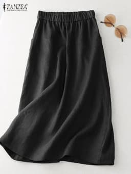 ZANZEA Women Cotton Skirt Holiday Elastic Waist Midi Skirt 2024 Summer Side Pockets Falda Saias Casual Korean Solid A Line Jupe