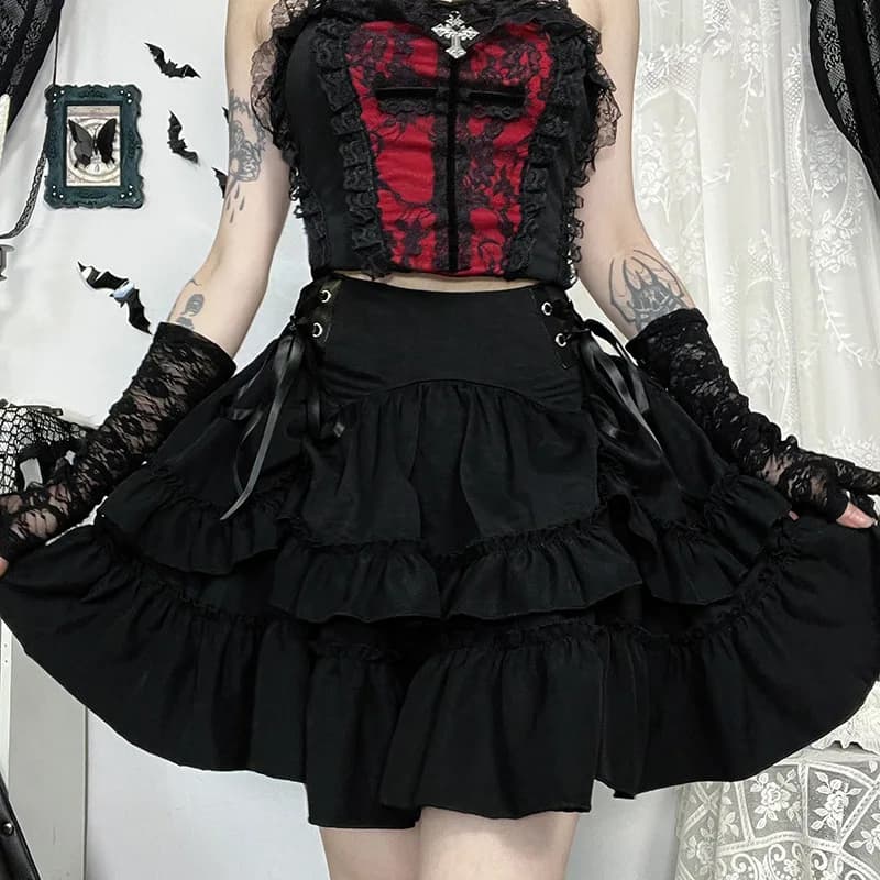 Japanese Gothic Y2k Lolita Style Skirt Women Harajuku Dark Streetwear Lace Mini Cake Skirt Female Fashion Slim Outfitn
