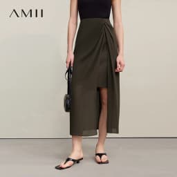Amii Women's Skirt 2026 Summer Elegant Chiffon Midi Skirt Pleated Side Slit Office Casual Versatile Women's Clothing 12612002