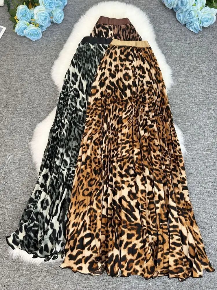 Spring Summer Leopard Print Pleated Long Skirt For Women 2026 Vintage Casual Office Lady Skirts