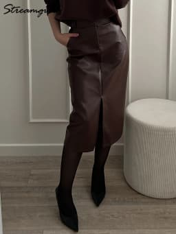 Long Leather Skirts For Women Brown High Quality PU Midi Bodycon Skirt Front Split High Waist Women's Leather Skirt Black Midi