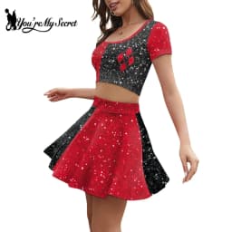 [You're My Secret] Movie Clown Harley Women Suit Joker Hero Cosplay Costume High School Crop Top Pleated Skirt Two Piece Sets