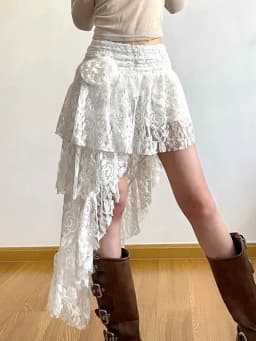 Zoki Sexy Bohemian Sweet Lace Skirt Women Elegant Irregular High Waist Skirt Vintage Korean Lady Casual Cute White A Line Skirts