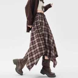 Plaid Skirt Women Elastic Waist A Line Retro High Street Korean Fashion Irregular Versatile Autumn Mid Length Skirt