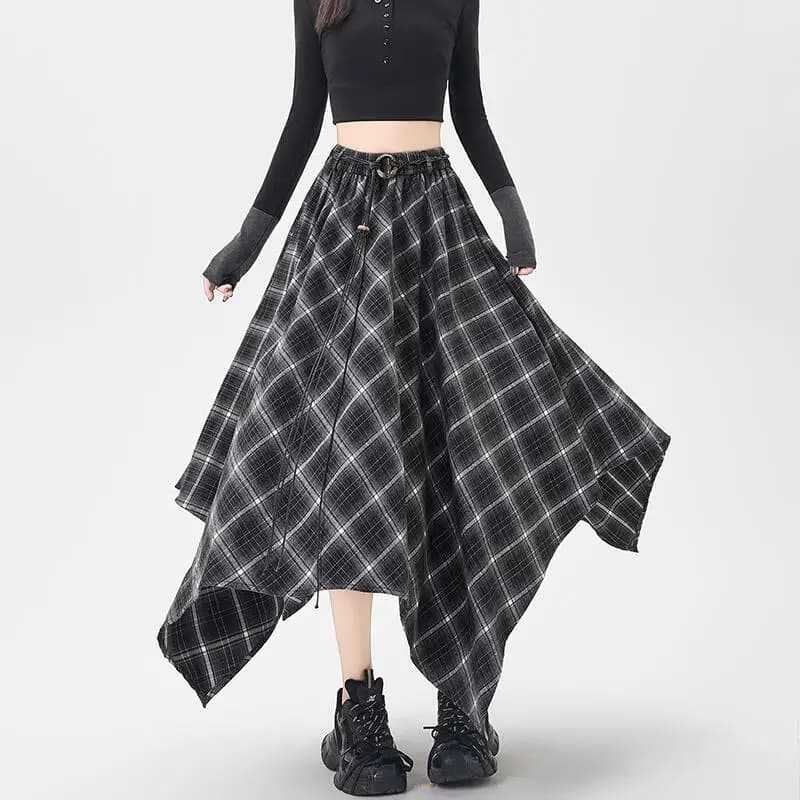 Plaid Skirt Women Elastic Waist A Line Retro High Street Korean Fashion Irregular Versatile Autumn Mid Length Skirt