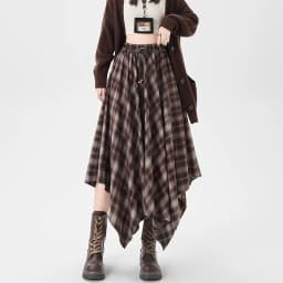 Plaid Skirt Women Elastic Waist A Line Retro High Street Korean Fashion Irregular Versatile Autumn Mid Length Skirt