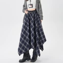 Plaid Skirt Women Elastic Waist A Line Retro High Street Korean Fashion Irregular Versatile Autumn Mid Length Skirt