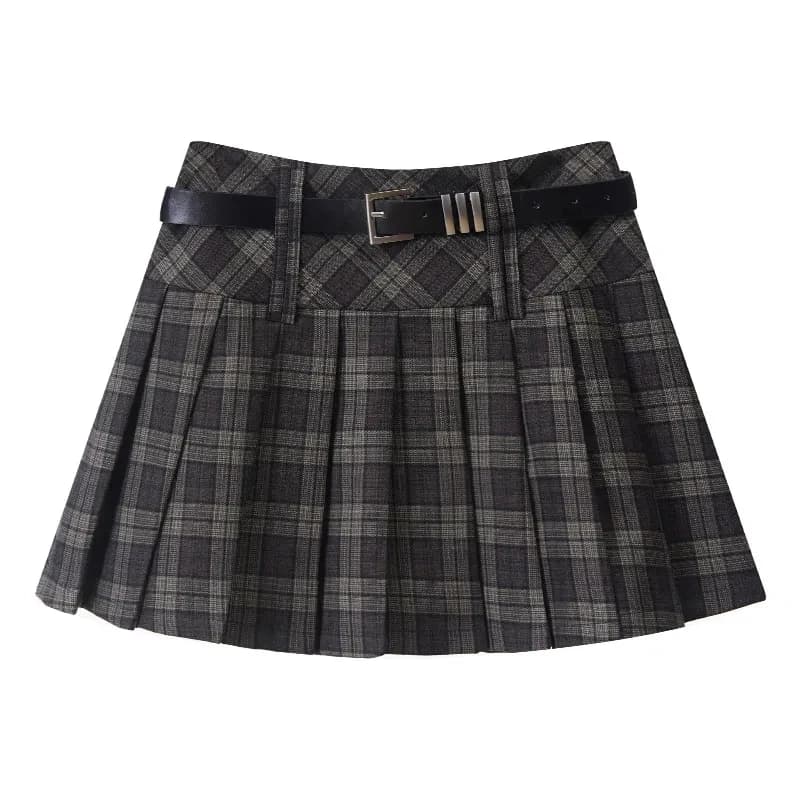 Vintage Plaid Women Pleated Skirts Y2K High Waist Preppy with Belt Mini Skirts Spring Korean All Match Ladies A Line Skirts New