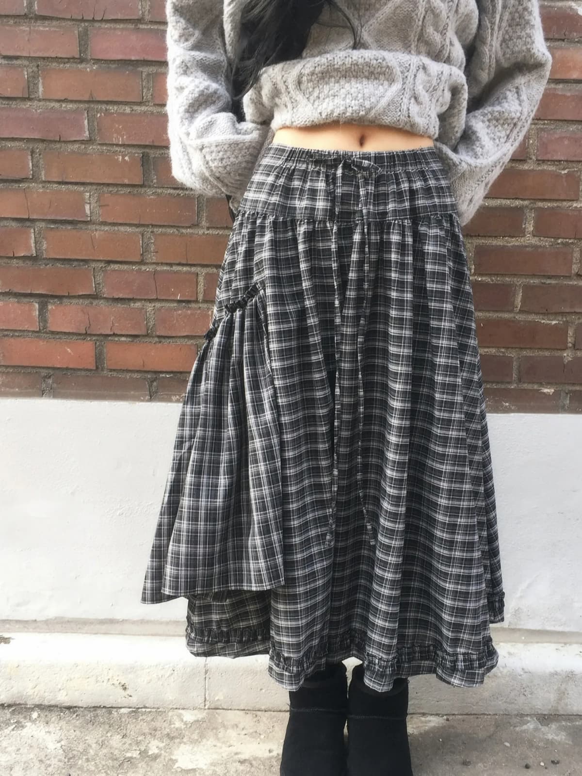 Retro Plaid Drawstring A-Line Skirt Women's Fashion Item Design Versatile Spring 2026 Commute Style Korean Version Cotton