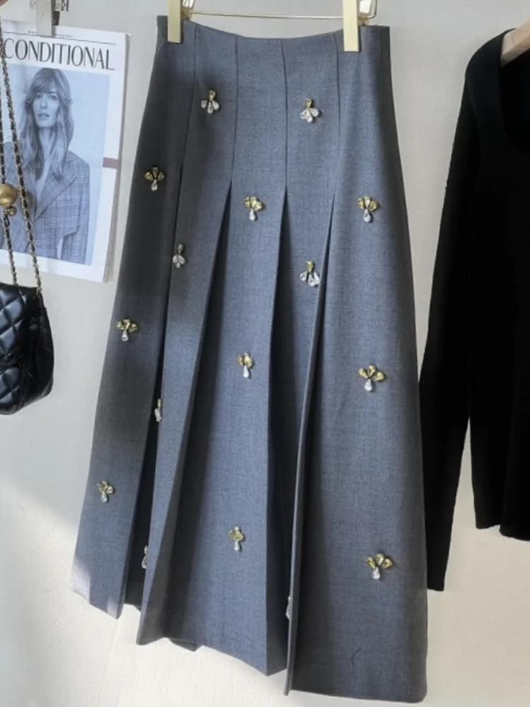 Handmade Rhinestone Glass Claw Buckle Grey Pleated Slimming Half-length Skirt Street Style High Waist A-line Standard Fit