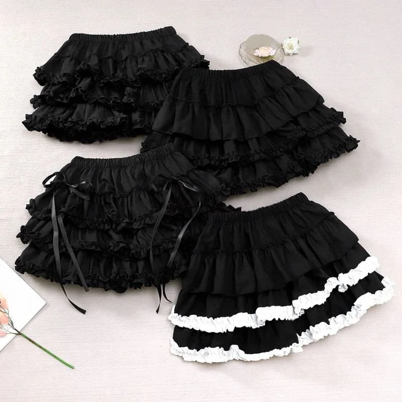 Women Black Short Skirt Japanese Preppy Style Skirt Female Elastic Waist Tutu Skirts Lace Ruffles A-line Mini Pleated Cake Skirt