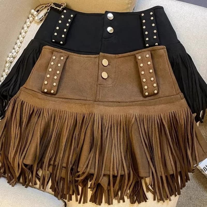 Women's Y2K Harajuku Fringe Rivet Mini Skirt American Retro High Waist A Line Skirt Vintage Gurenge Fashion Summer Skirt New