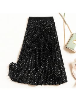 Women's High Waist Pleated Skirt Spring Autumn Velvet Print Midi Maxi Long Skirts Femme Faldas Mujer