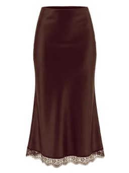 Streamgirl Maxi Satin Skirts With Lace Women Summer Long High Waist A Line Silk Bodycon Skirt Midi Elegant Brown Long Lace Skirt
