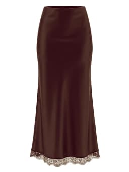 Streamgirl Maxi Satin Skirts With Lace Women Summer Long High Waist A Line Silk Bodycon Skirt Midi Elegant Brown Long Lace Skirt