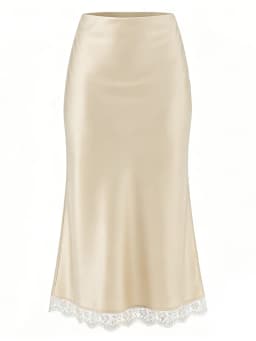 Streamgirl Maxi Satin Skirts With Lace Women Summer Long High Waist A Line Silk Bodycon Skirt Midi Elegant Brown Long Lace Skirt