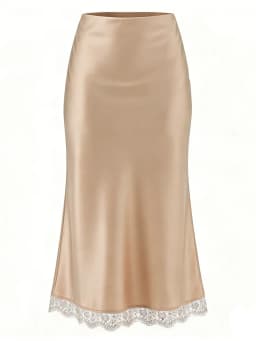 Streamgirl Maxi Satin Skirts With Lace Women Summer Long High Waist A Line Silk Bodycon Skirt Midi Elegant Brown Long Lace Skirt