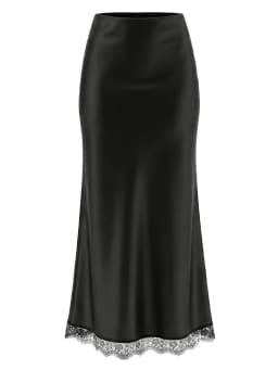 Streamgirl Maxi Satin Skirts With Lace Women Summer Long High Waist A Line Silk Bodycon Skirt Midi Elegant Brown Long Lace Skirt
